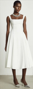Miss Rosier Thala White Pleated Flared Midi Dress Square Neck Sleeveless M 4-10